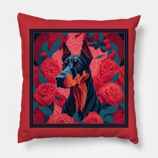 Dogs, doberman and flowers, dog, seamless print, style vector (red version doberman) Pillow