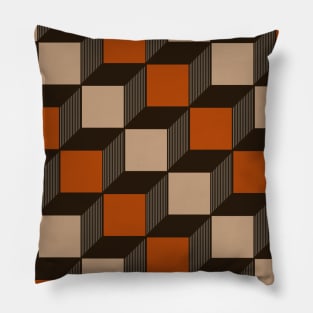 Chocolate Brown, Tan and Rust Orange, Cube, Geometric Pillow