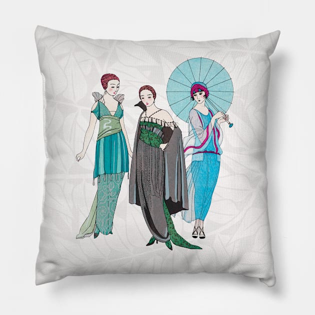 Three Vintage Ladies on Background Pillow by Sandra Keller