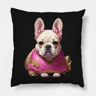 Charming Frenchie Puppy in Pink Floral Hanbok Pillow