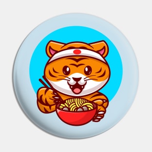 Cute Tiger Eating Ramen Noodle With Copstick Cartoon Pin