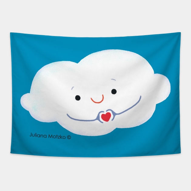 Cloud doing a heart with hands Tapestry by julianamotzko