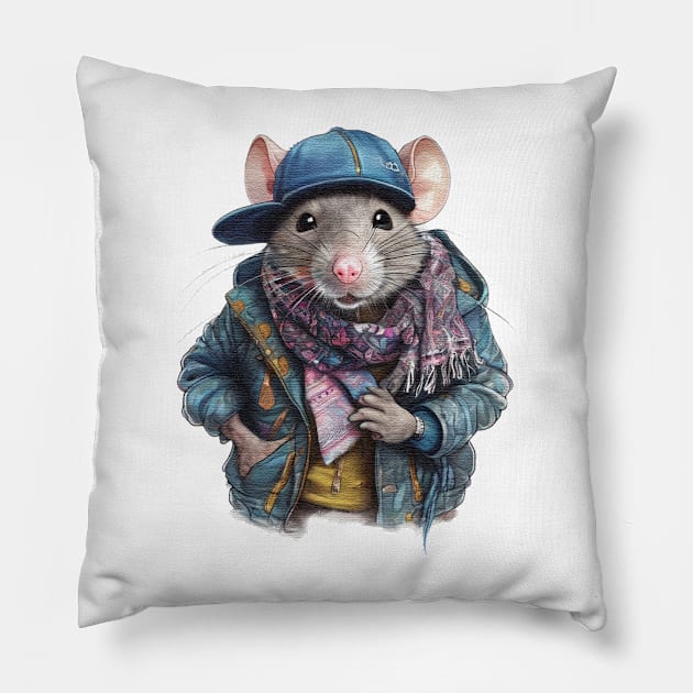 Rat wearing a jacket cap and a scarf Pillow by JnS Merch Store