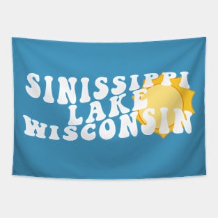 Sunshine in Sinissippi Lake Wisconsin Retro Wavy 1970s Summer Text Tapestry