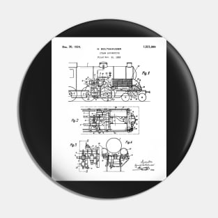 Steam Train Patent - Steam Locomotive Art - Black And White Pin