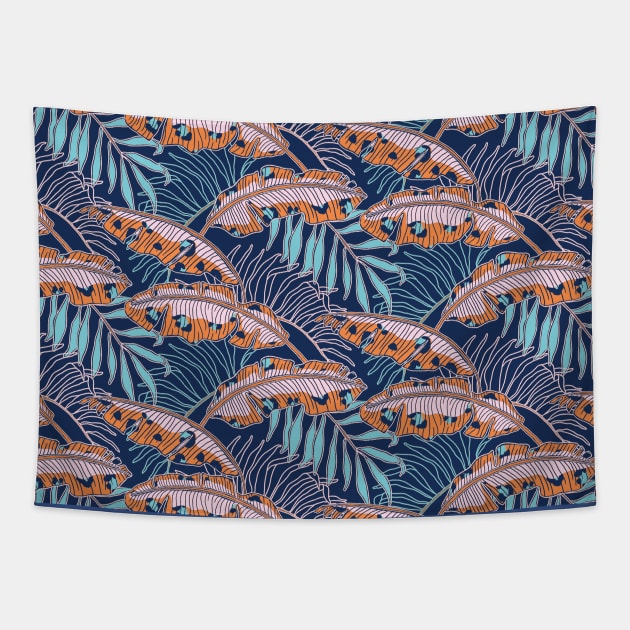 Blue Leopard Banana Leaves Tapestry by Carolina Díaz