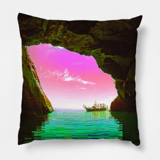 Pixel Sea Boat Glitch Art Pillow