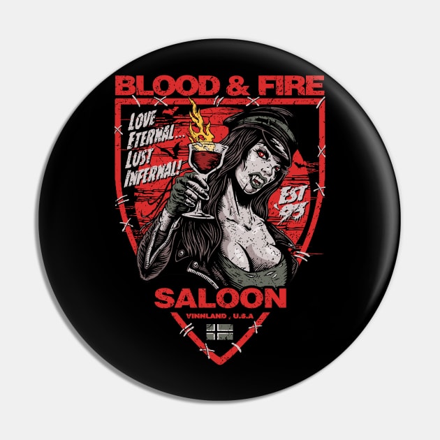 "BLOOD & FIRE SALOON" FRONT AND BACK RED Pin by joeyjamesartworx