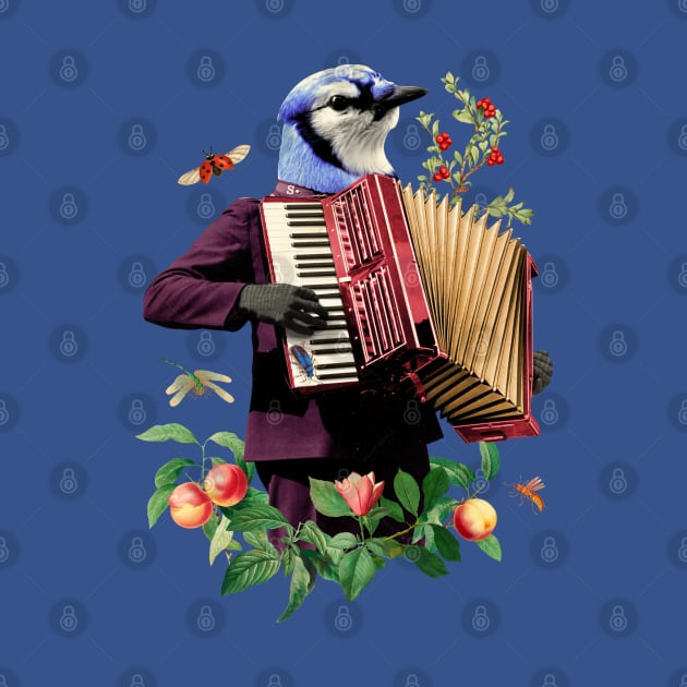 Blue birth with fancy suit playing the accordion funny by Emart