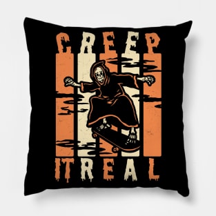 Creep It Real Spooky Halloween Skeleton Skateboarding Skater Pillow