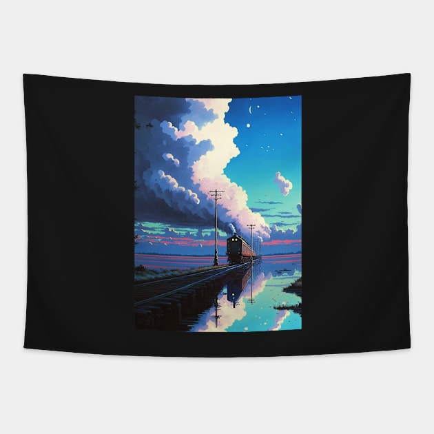 Retro Anime Style Night View Old Japanese Train Tapestry by KaPrints