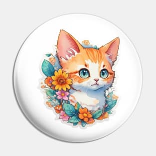 Cute Ginger Cat in watercolour with floral design Pin