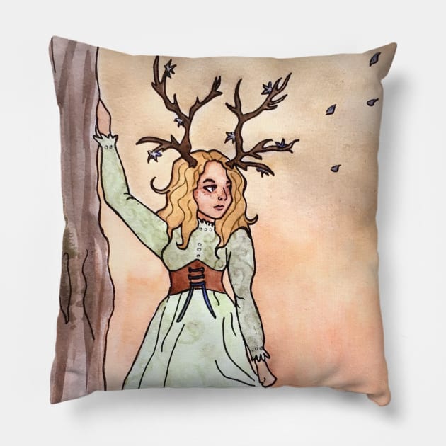 Cottagecore Deer Girl: Mossy Forest at Sunset Pillow by TheDoodlemancer