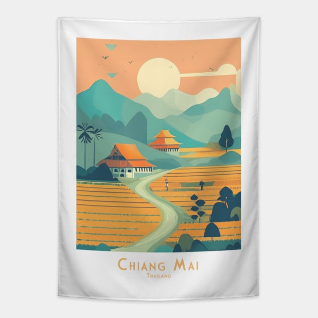 Vintage Retro abstract Serene Chiang Mai Landscape Tapestry by POD24