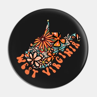 West Virginia State Design | Artist Designed Illustration Featuring West Virginia State Filled With Retro Flowers with Retro Hand-Lettering Pin