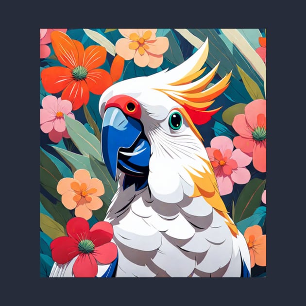 Colorful Cockatoo, Cockatiel in front of vibrant florals by Sieve's Weave's