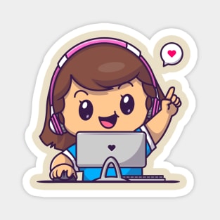 Cute Gamer Girl Playing Computer Cartoon Magnet