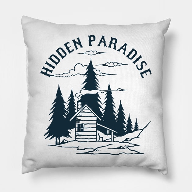 Hidden Paradise forest hut Pillow by ShirtyLife