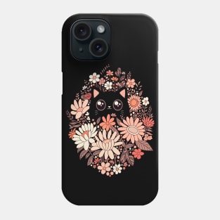 Cute black cat with pink wildflowe Phone Case