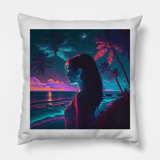 Beautiful Girl Looking at the ocean ona wonderful beach Pillow