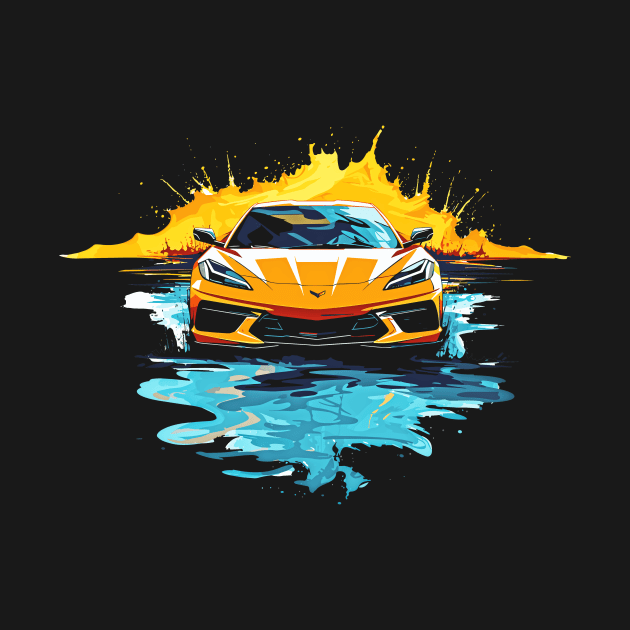 Orange C8 Corvette Racecar Splatter Art by Tees 4 Thee