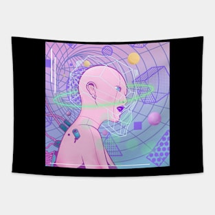 Dope bald girl thinking outer space illustration Tapestry