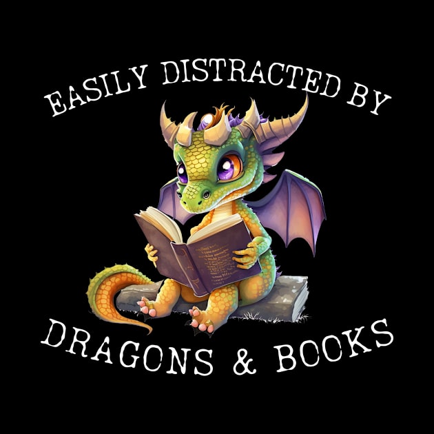 Easily Distracted By Dragons And Books Introvert Gift Idea by K.C Designs