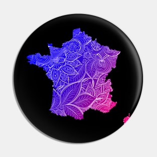 Colorful mandala art map of France with text in blue and violet Pin