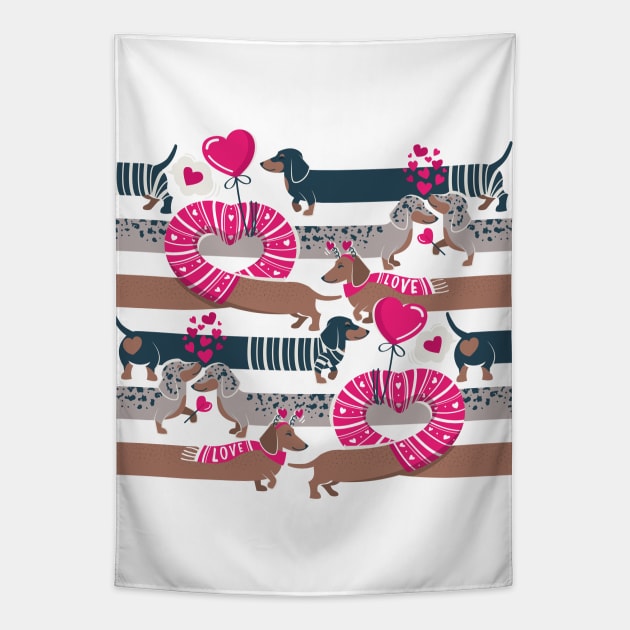 Dachshunds long love // fuchsia pink hearts scarves sweaters and other Valentine's Day details brown nile blue and dark grey spotted funny doxies dog puppies Tapestry by SelmaCardoso