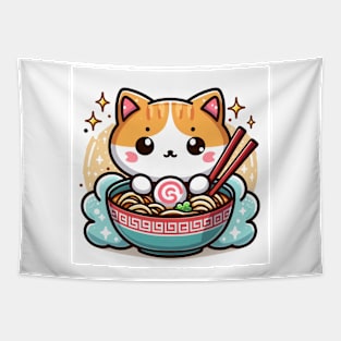 Cute little Neko Cat Eating Ramen Noodle Tapestry