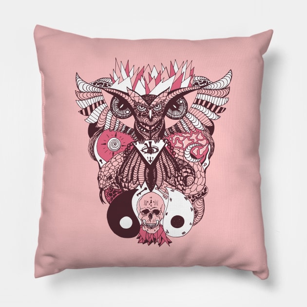 Pink and White Owl And Ageless Skull Pillow by kenallouis