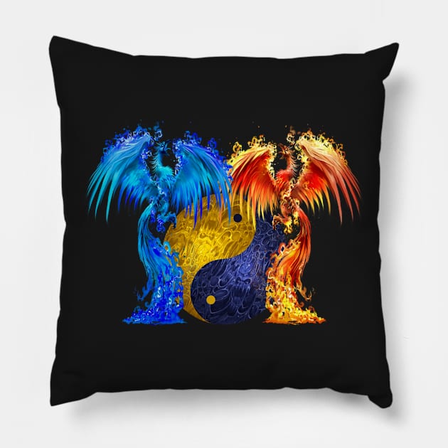 Fantasy Fire And Ice Phoenix Yellow Blue Yin Yang Pillow by Atteestude