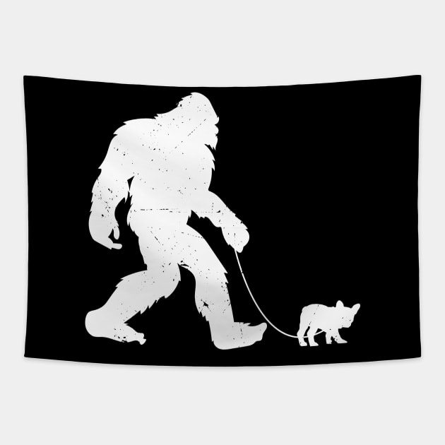 Bigfoot Walking A French Bulldog  Sasquatch Frenchie Love Tapestry by UNDERGROUNDROOTS