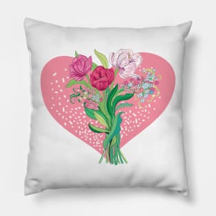 Spring flowers and tulips in blush pink heart shape Pillow