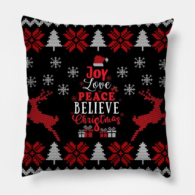 Joy Love Peace Believe Christmas Pattern Pillow by Yourfavshop600