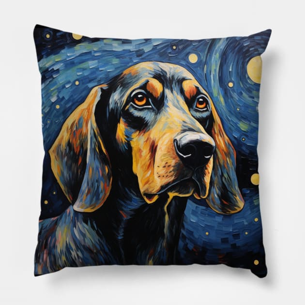 Black and Tan Coonhound Dog Painted in Starry Night style Pillow by NatashaCuteShop