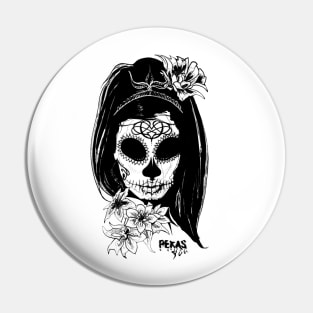 Princess catrina in black and white with flowers and text with a gloomy effect. Gloomy skulls. Pin