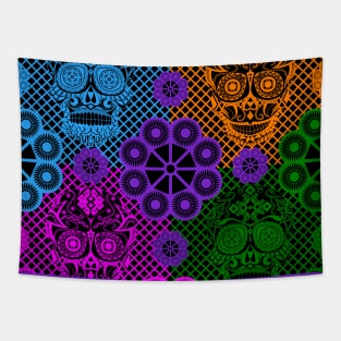 deadly picnic in smile skull ecopop pattern with floral colors Tapestry