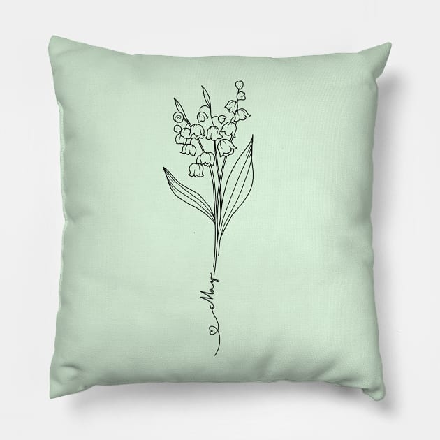 Minimalist Botanical Drawing Lily Of The Valley May Birth Flower Pillow by Tina