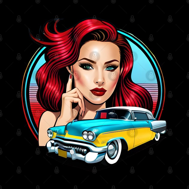 80s motor race party design with fashion girl and retro car on red rays by CHRONIN