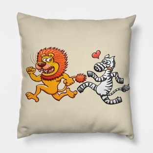 Bold zebra in love running after scared lion Pillow