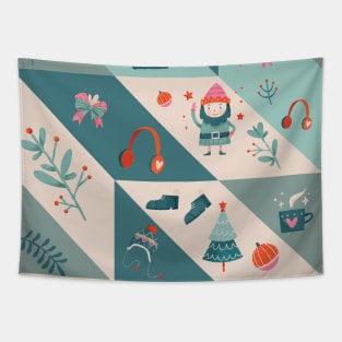 Cute Christmas Patterns Turquoise | Christmas Approaching Tapestry