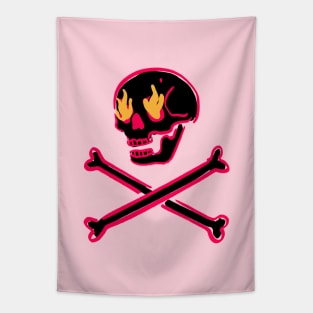 Black Skull Fire Eyes Skeleton Vaporwave with crossed Bones Tapestry