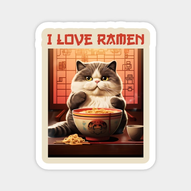 Quirky Chubby Kitty Cat Eating Ramen - I Love Ramen Magnet by KittyStampedeCo