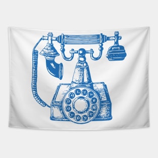 Vintage Phone Block Print in Blue and White Tapestry