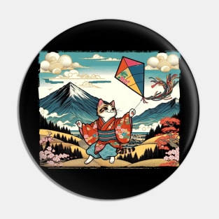 Vintage Japanese Art Kite Lover Playful Kid Cute Cat Pin