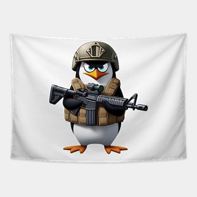 Tactical penguin Tapestry by Rawlifegraphic