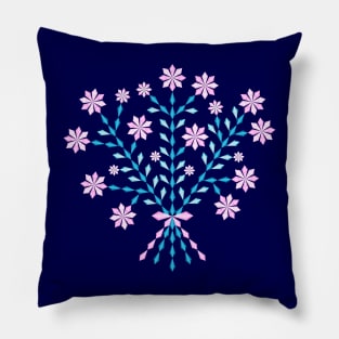 Winter blue flower bouquet with short pink ribbon, version two Pillow