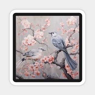 Grey and pink chinoiserie painting with birds and flowers Magnet