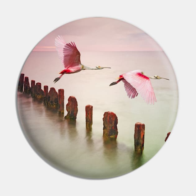 Soaring Roseate Spoonbills Pin by lauradyoung